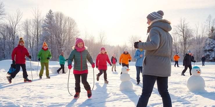 People enjoying winter activities in a snowy landscape.