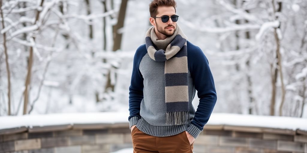 Men's winter clothing: sweater, scarf, and boots in snow.