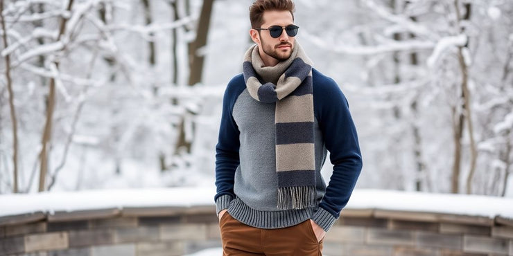 Men's winter clothing: sweater, scarf, and boots in snow.