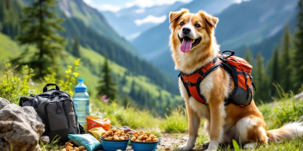 Dog in hiking gear on a scenic trail.