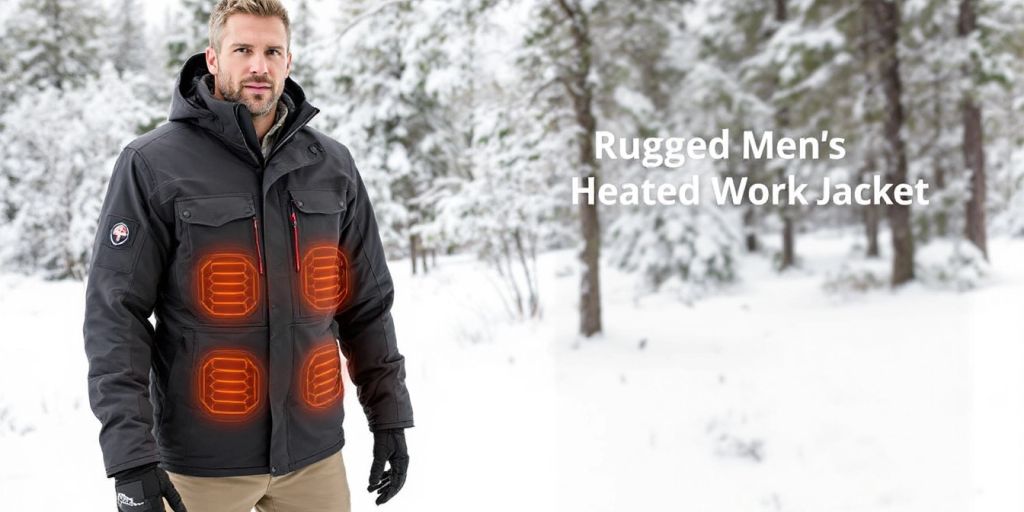 Men's heated work jacket in snowy outdoor environment.