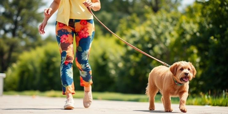 Person walking a dog in colorful, comfy pants outdoors.