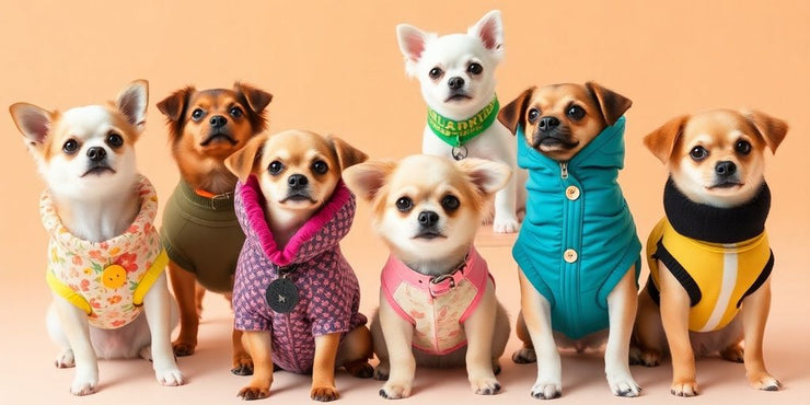 Stylish outfits for small dogs in vibrant colors and patterns.
