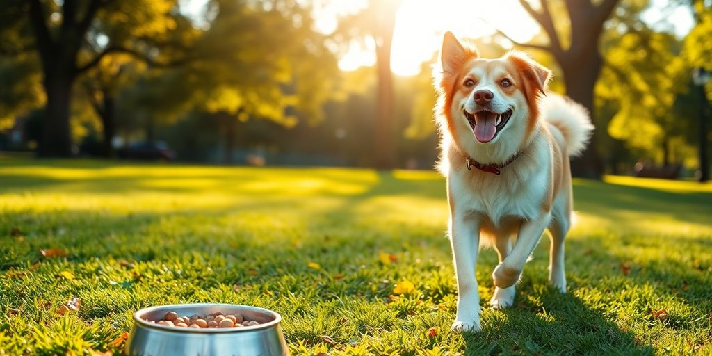 Dog walking in a park with a food bowl nearby.