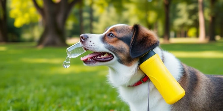 Dog drinking from a portable water bottle outdoors.