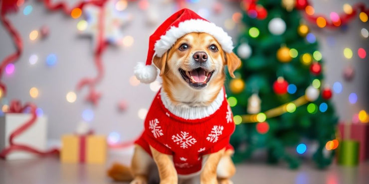 Dog in Christmas outfit with Santa hat and decorations.
