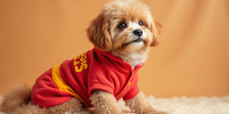 Cozy dog in stylish sweatshirt, looking happy and warm.