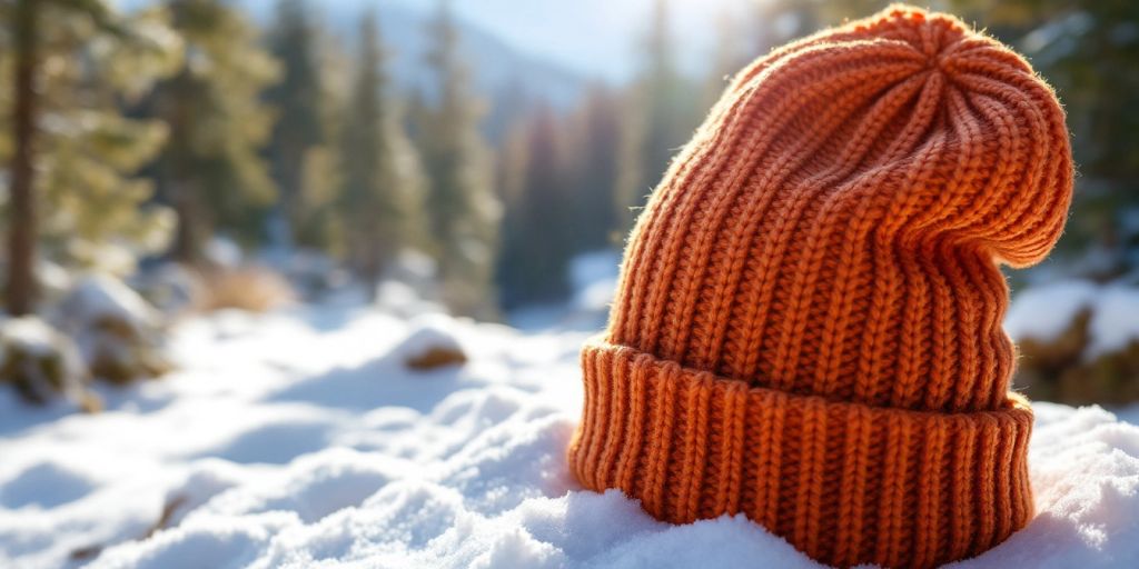 Colorful outdoor beanie on snowy mountain landscape.