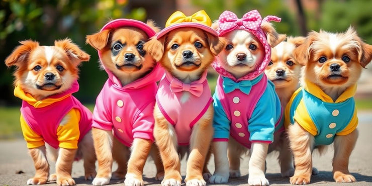 Cute puppies wearing fashionable outfits in a sunny setting.
