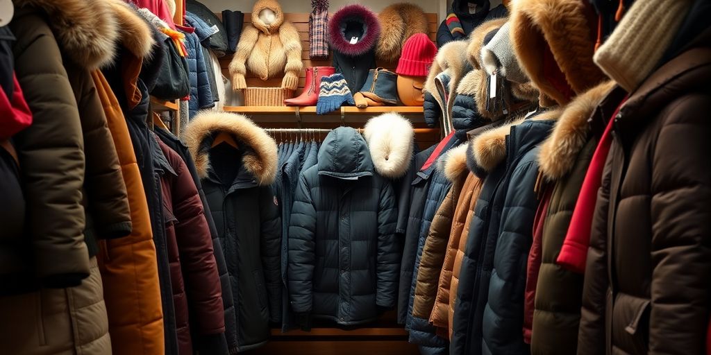 Display of winter jackets, gloves, and hats in a store.