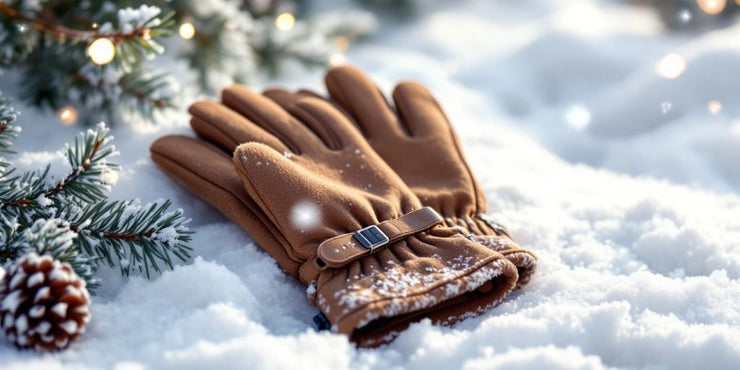 Ladies battery heated gloves on a snowy background.