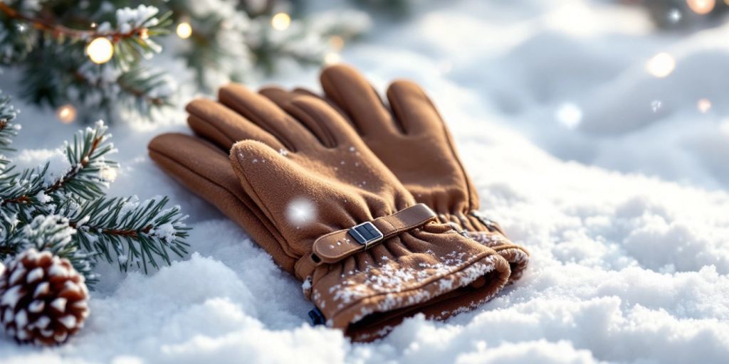 Ladies battery heated gloves on a snowy background.