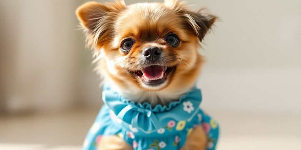 Happy dog wearing a stylish blue dress.