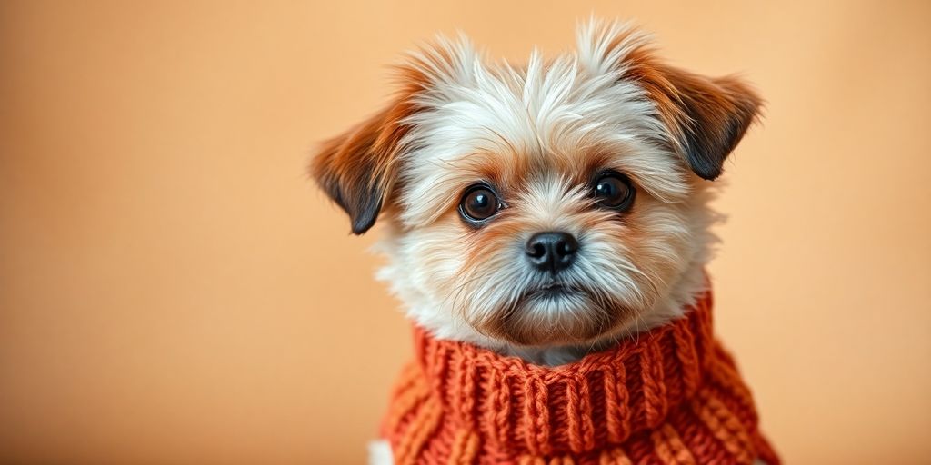 Small dog wearing a cozy autumn sweater.