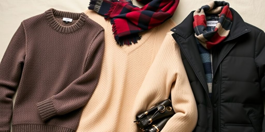 Warm men's winter clothing laid out stylishly.