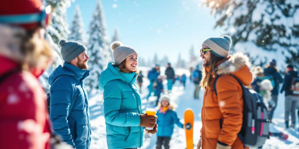 People enjoying winter activities in warm clothing outdoors.