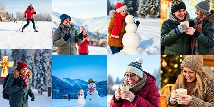 Collage of adults enjoying winter activities in snow.