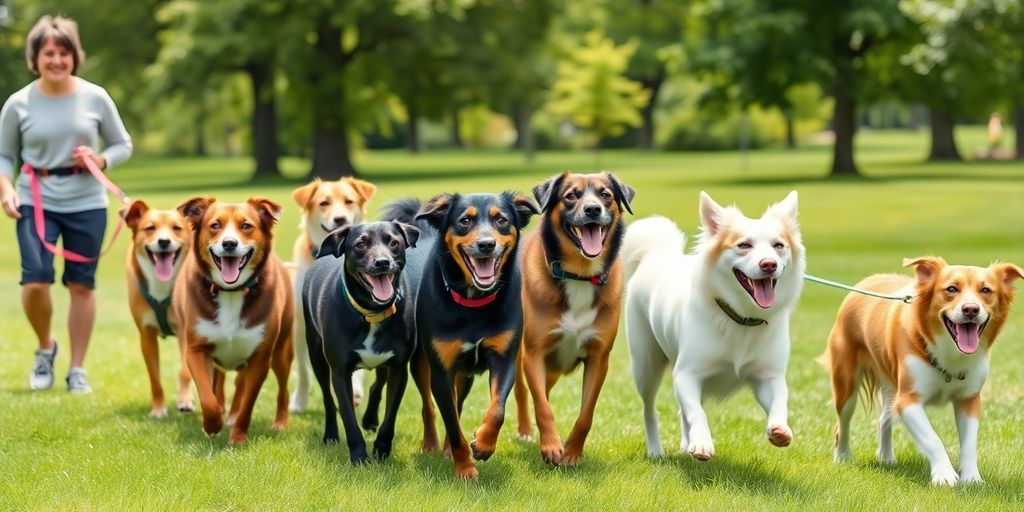 Happy dogs on leashes with walker.