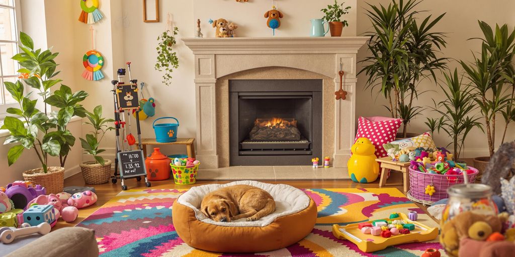 Cozy dog-themed living room with toys and decor.