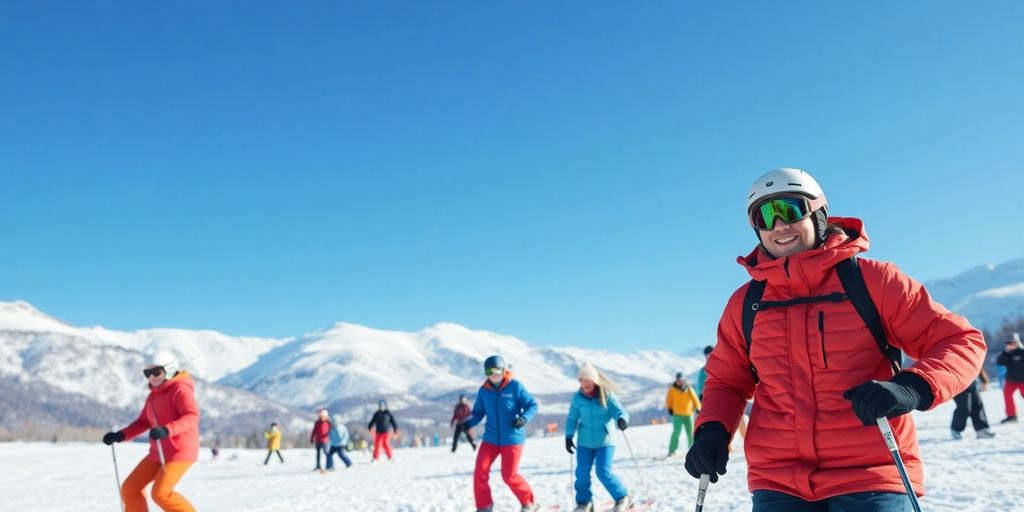 Adults skiing and snowboarding in a snowy winter landscape.