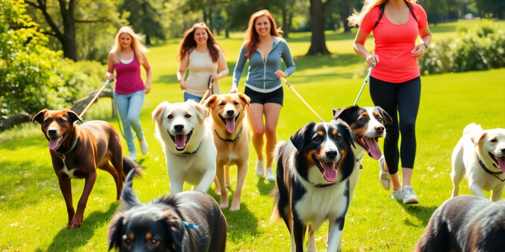 Active dogs walking with their owners in a park.
