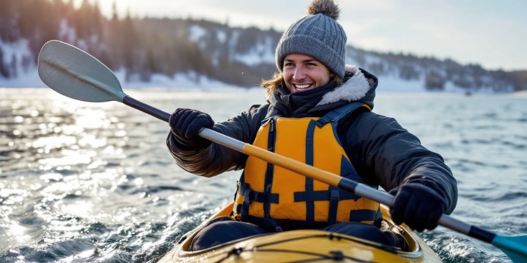 Kayaker in winter gear paddling on cold water.