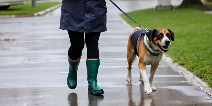 Dog walker with umbrella and dog in the rain.