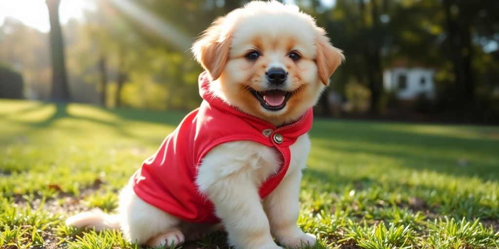 Cozy puppy wearing a stylish jacket outdoors.
