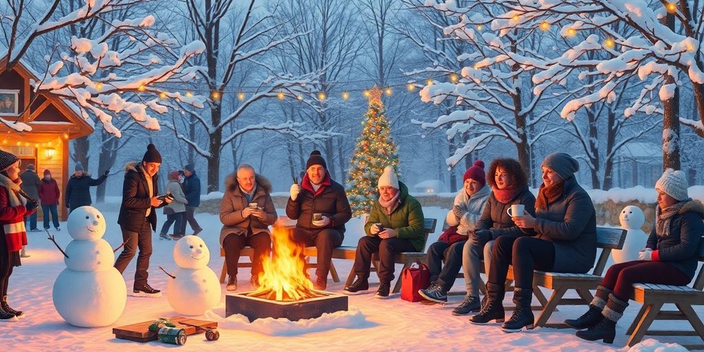 People enjoying winter activities like ice skating and snowmen.