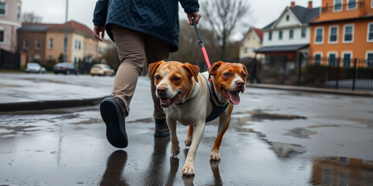 Dog walker and dog in the rain on a street.