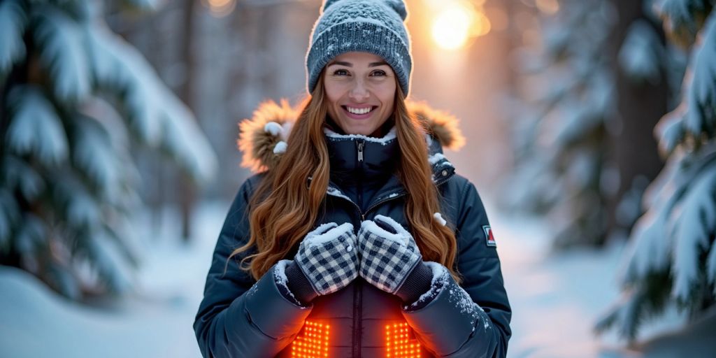 Person in heated clothing in a snowy winter setting.