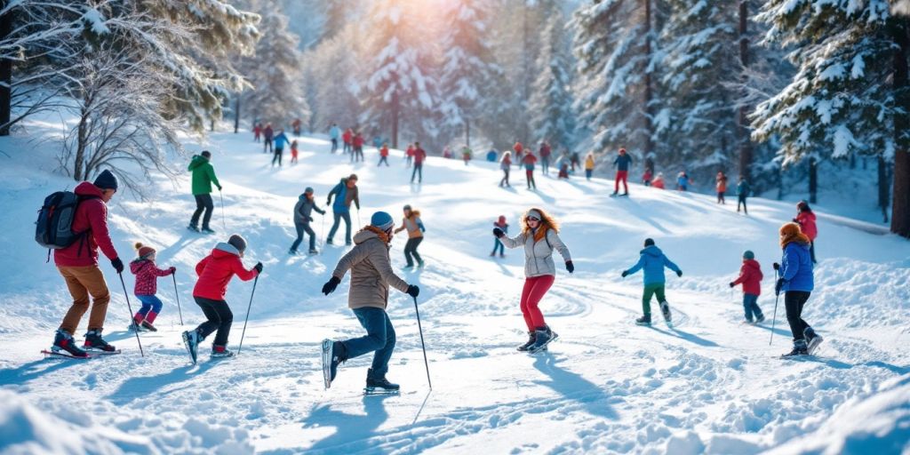 People exercising outdoors in a snowy winter landscape.