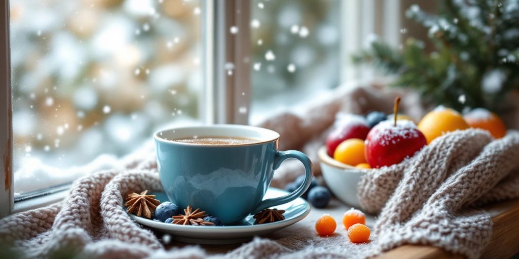 Cozy winter scene with tea, scarf, and fruit.