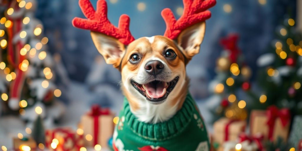 Dog in Christmas sweater with festive decorations around.