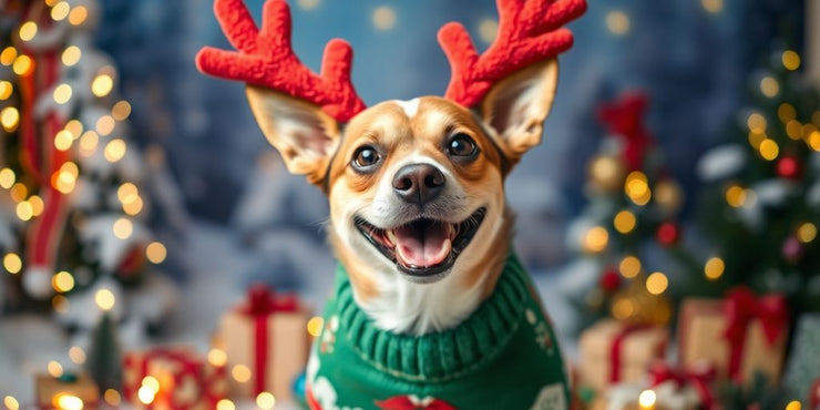 Dog in Christmas sweater with festive decorations around.