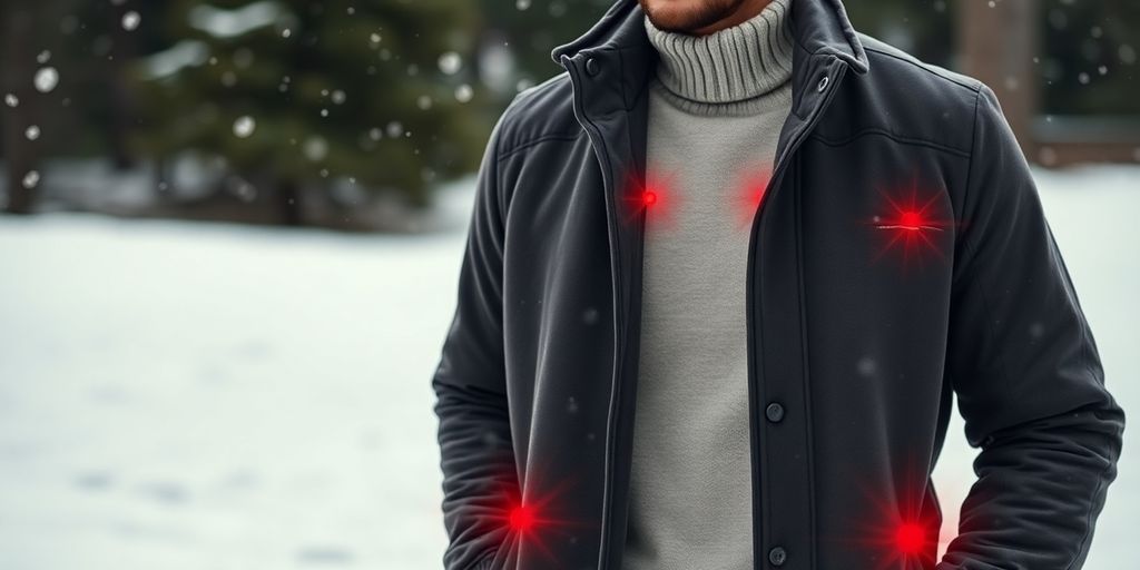 Man wearing heated coat in winter snow setting.