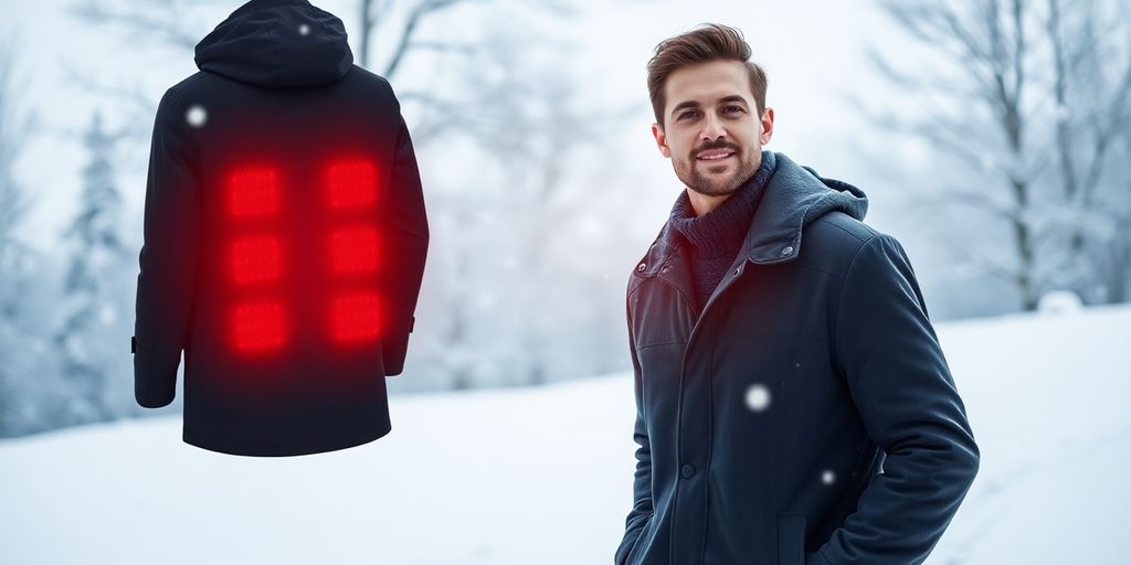 Men's heated coat in a snowy winter setting.