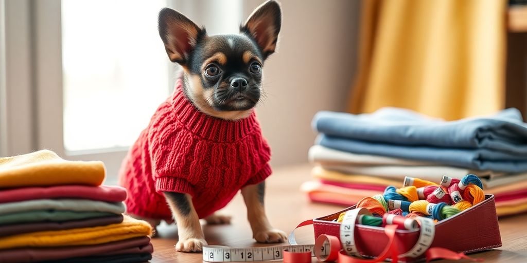 Small dog, colorful sweater, measuring tape, fabric swatches.