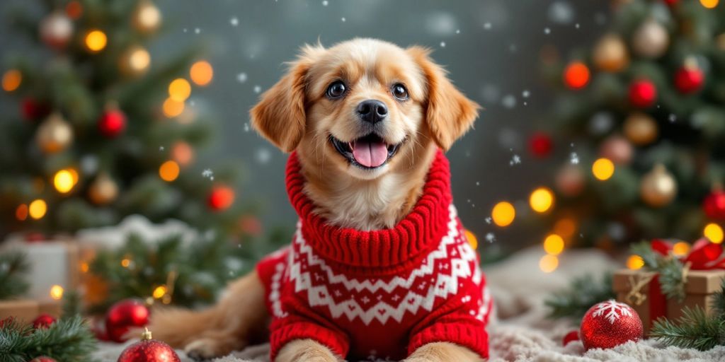 Dog in Christmas sweater with holiday decorations around.
