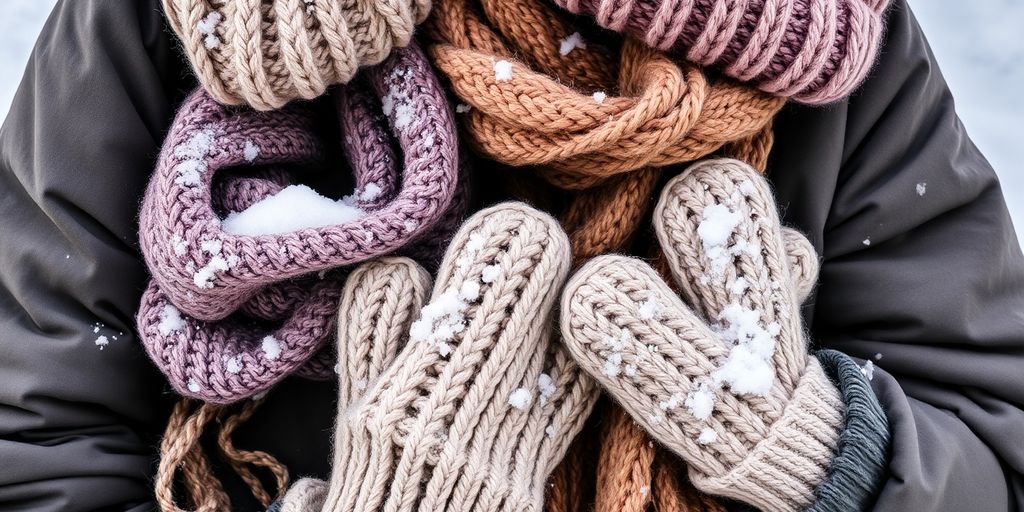 Warm winter clothing with hats, scarves, and mittens.