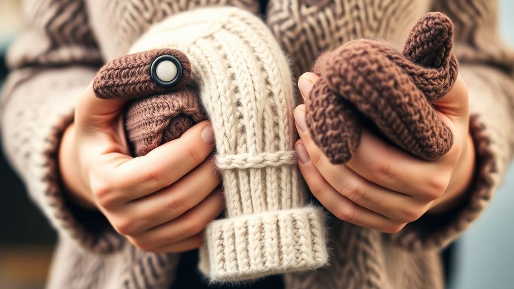 Woman's hands holding various soft and stylish gloves.