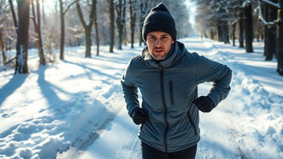 Runner in snowy landscape, breath misting.