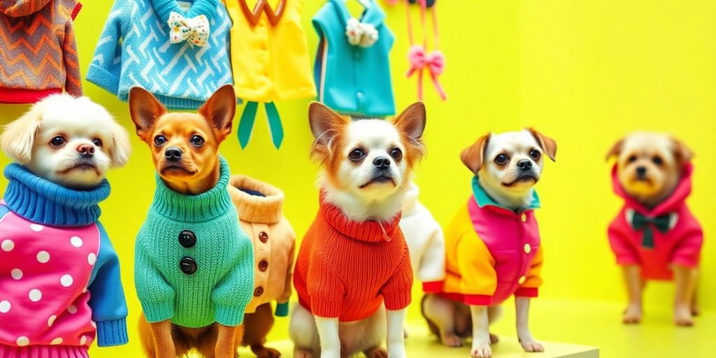 Stylish clothes for puppies in various colors and patterns.