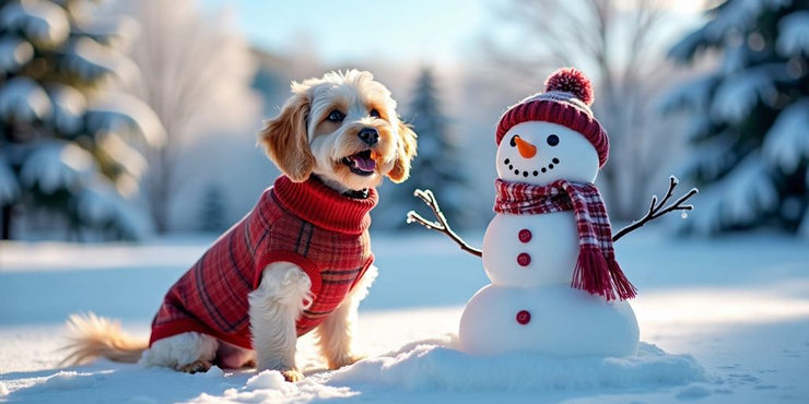 Dog in sweater on snow with snowman.