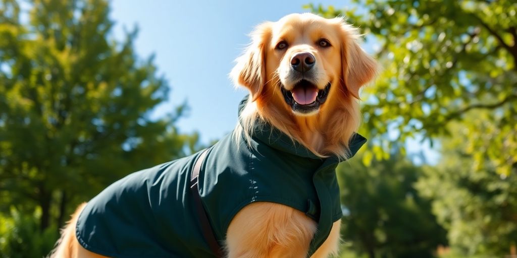 Large dog wearing stylish coat outdoors.