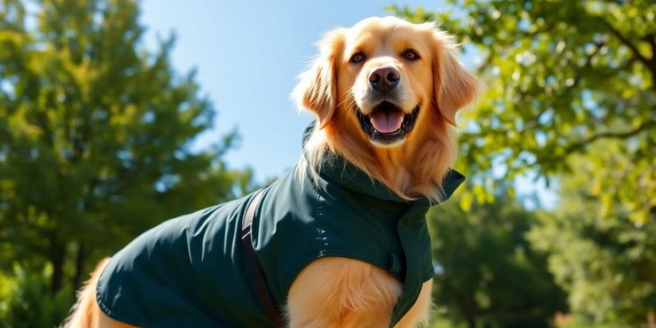 Large dog wearing stylish coat outdoors.