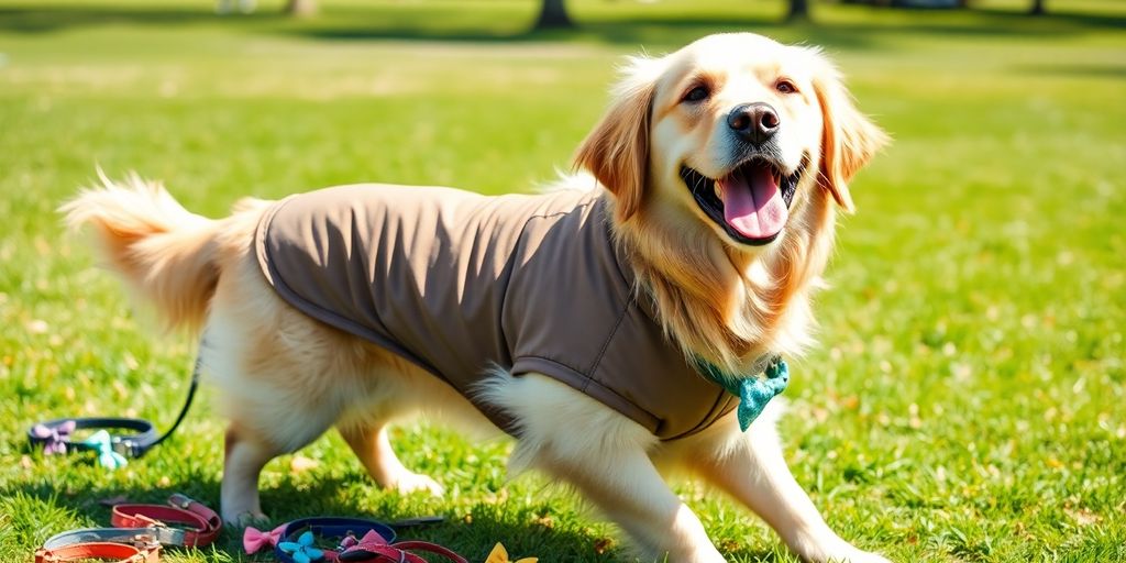 Dog wearing stylish jacket, playing outdoors.