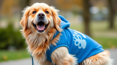 Dog wearing a custom blue hoodie with paw print.