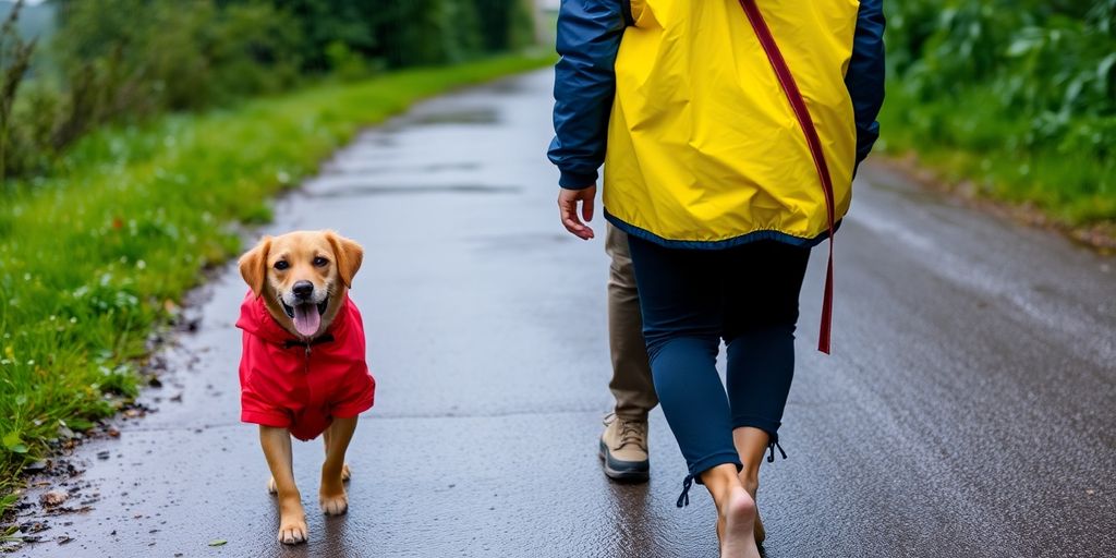 Person and dog in raincoats walking on a wet path.