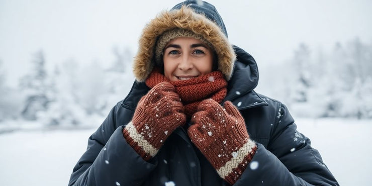 Person in winter clothing surrounded by snow and trees.